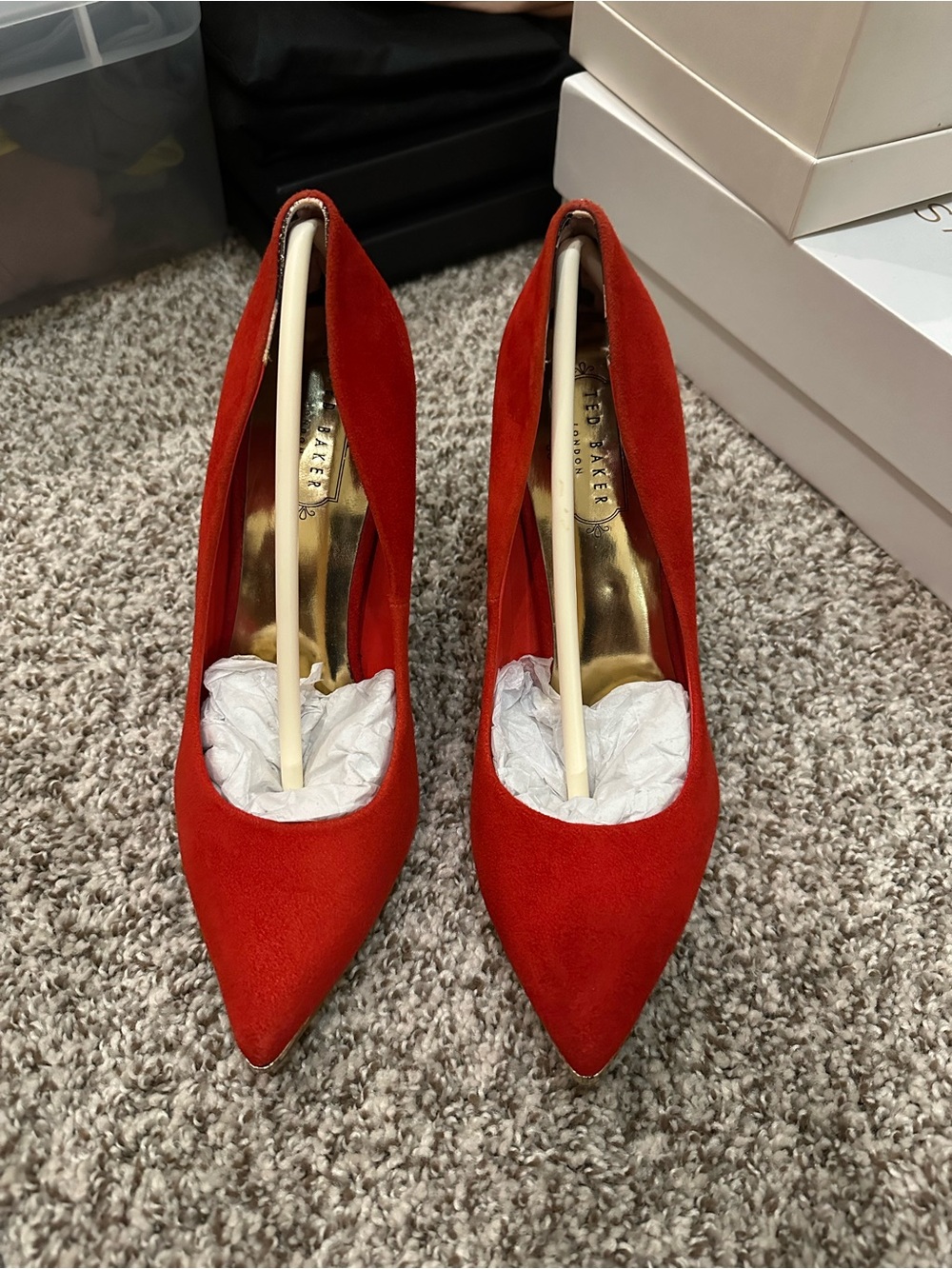 Ted Baker London Orange/Red Suede Pumps with Gold Stiletto Heels